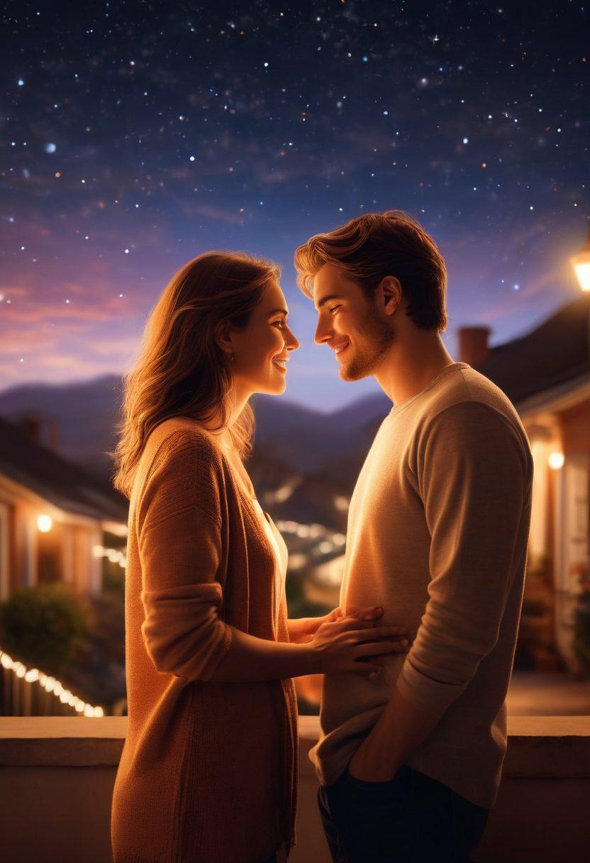 A romantic scene depicting a couple sharing a deep, intimate conversation under a starlit sky, surrounded by warm glowing lights that symbolize emotional connections. Include subtle imagery representing flirtation, such as playful gestures and smiles, gradually leading to a sense of profound devotion, with soft focus on their hands intertwined. Create an inviting and emotional atmosphere to evoke the essence of lasting relationships. super-realistic. warm colors. dreamy background.