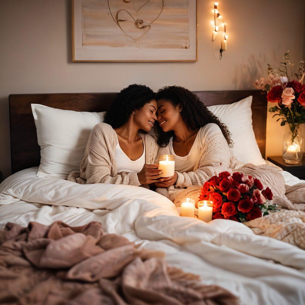 A cozy, candlelit setting featuring a couple sharing a heartfelt moment, surrounded by soft pillows and warm blankets. Include meaningful touches, like a handwritten love note and a blooming flower bouquet, symbolizing love and connection. The background should be softly blurred to evoke intimacy, with subtle hearts floating in the air. Romantic and warm color palette. super-realistic. vibrant colors.