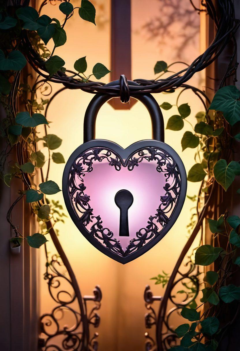 A glowing heart shaped lock, intertwined with vines symbolizing growth and connection, surrounded by soft, warm light. In the background, silhouettes of a couple sharing an intimate moment, conveying deep emotional connection. Emphasize elements like keys, symbols of trust, and gentle pastel colors to evoke warmth and intimacy. super-realistic. vibrant colors. soft focus.
